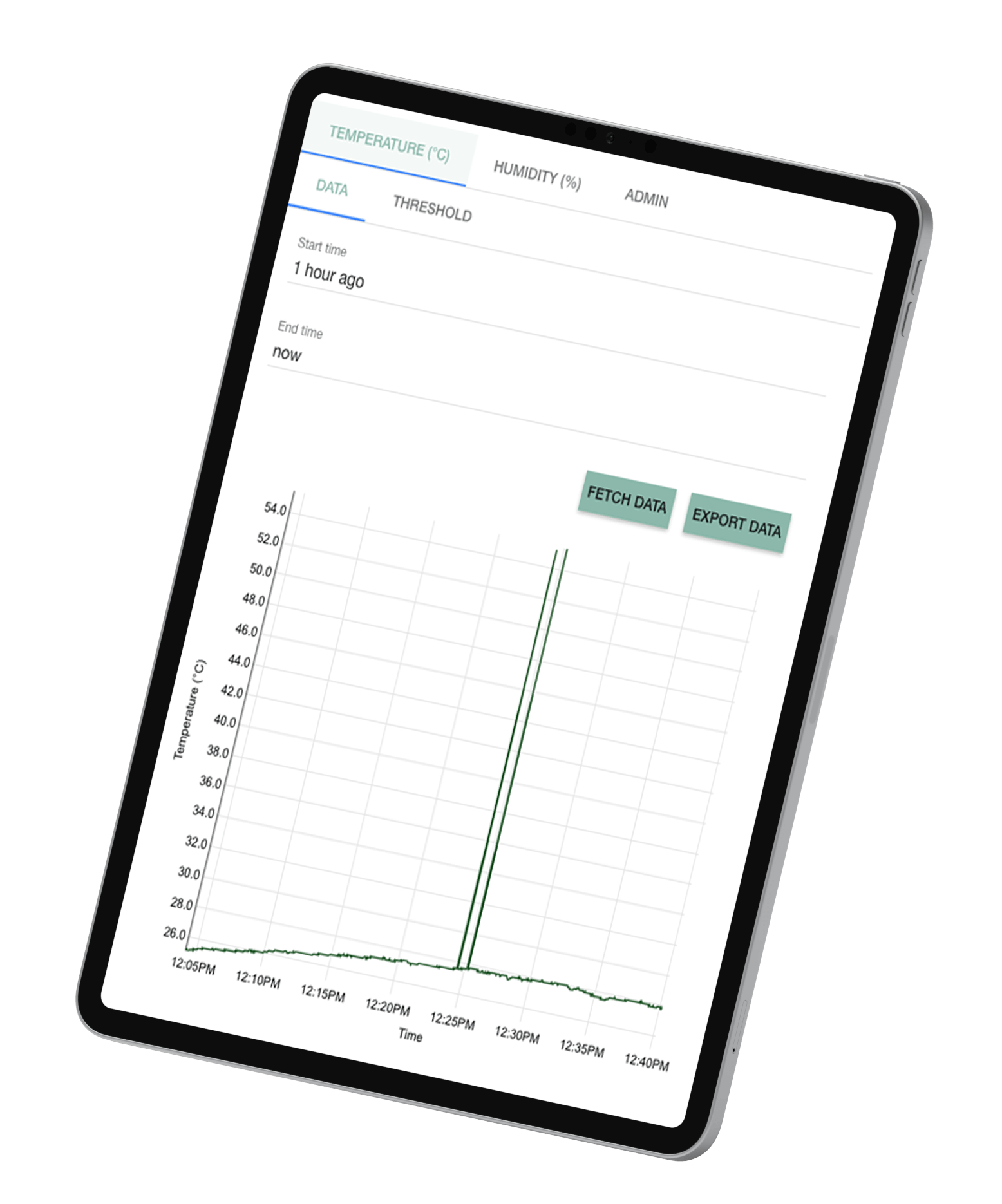 Image of KDSens software on a tablet showcasing features for data management for sensors including temperature and humidity