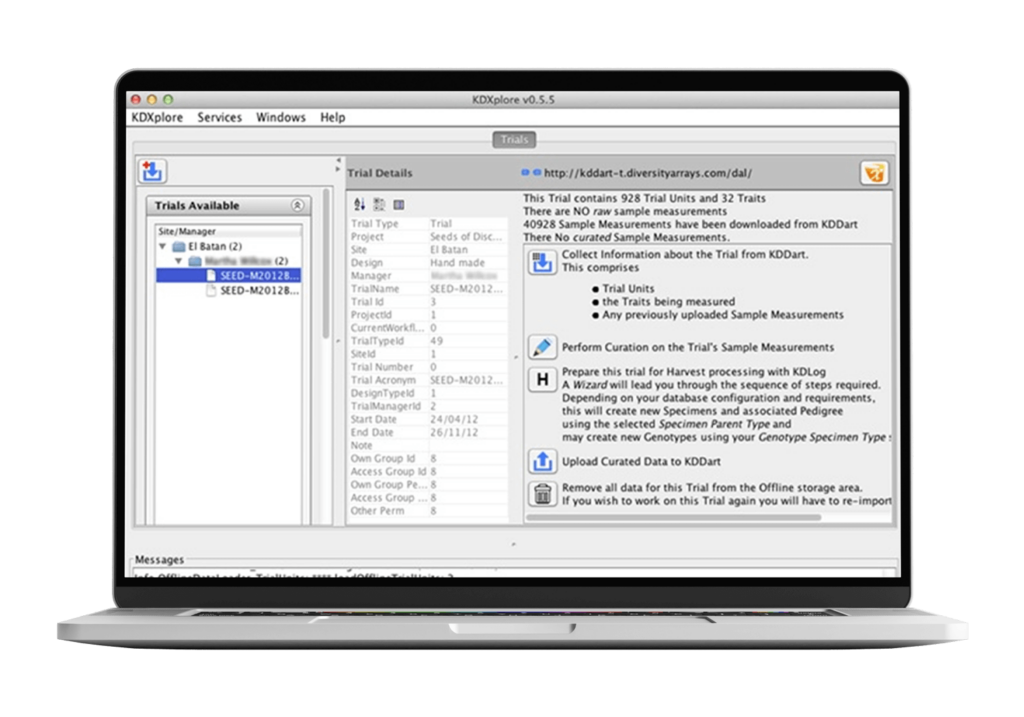 Image of KDXplore software on a desktop showcasing features for breeding program trial management and data storage