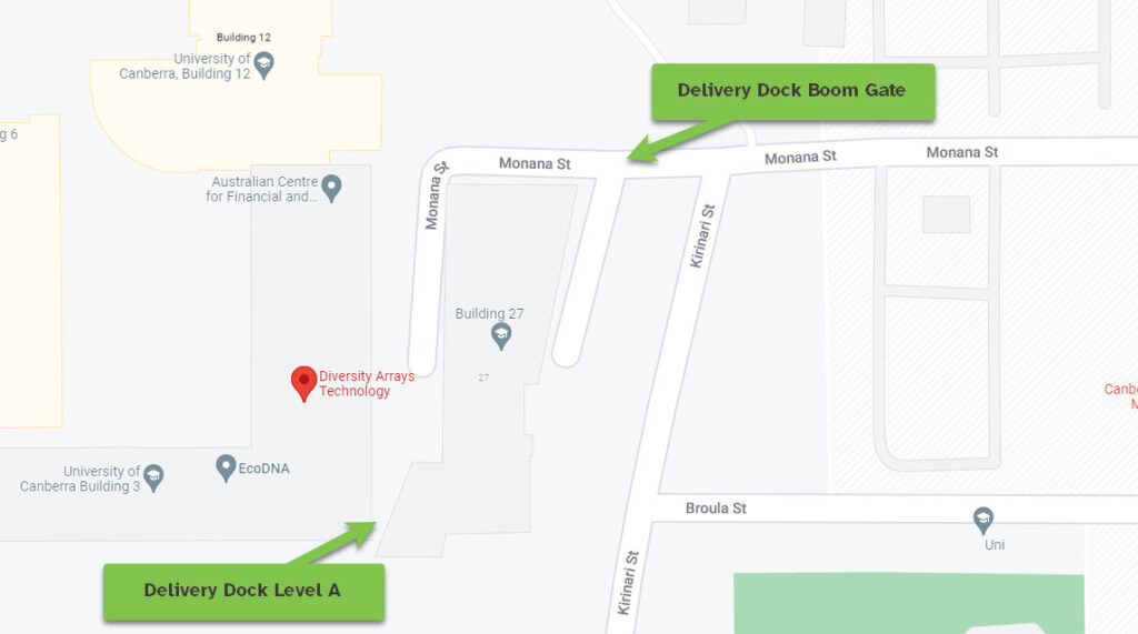 Annotated map of Diversity Arrays Technology laboratory location in Canberra on University of Canberra campus